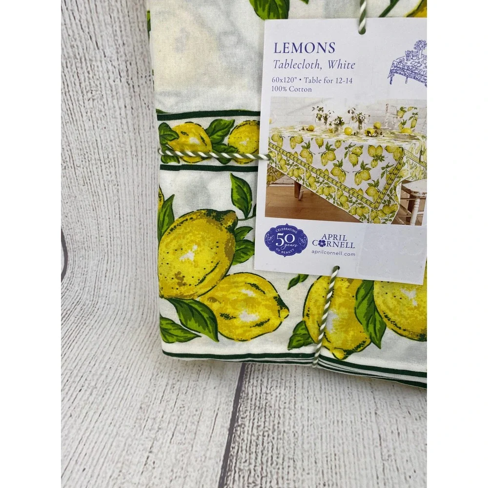 April Cornell Tablecloth 60x120 Lemons White Yellow Cotton Fruit Print Summer